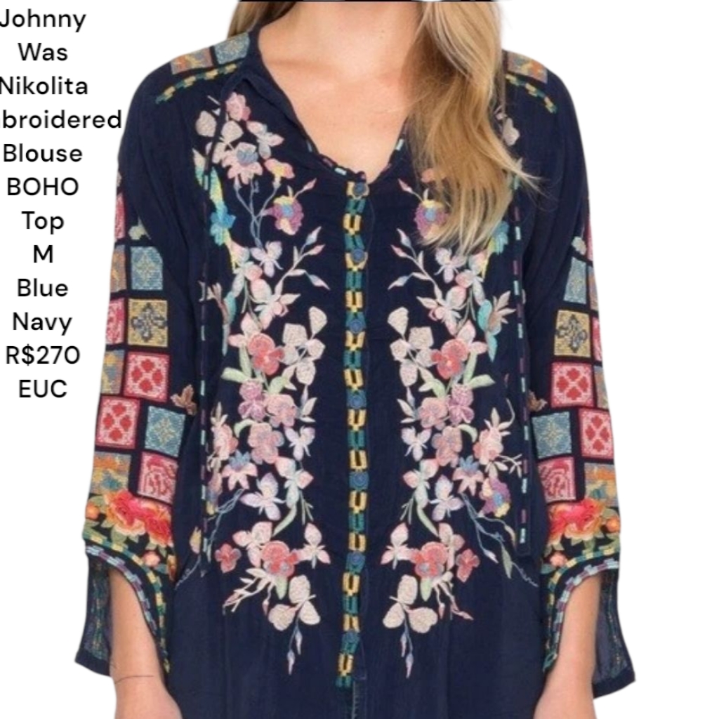 Johnny Was Navy Blue Nikolita Embroidered Blouse Medium Euc